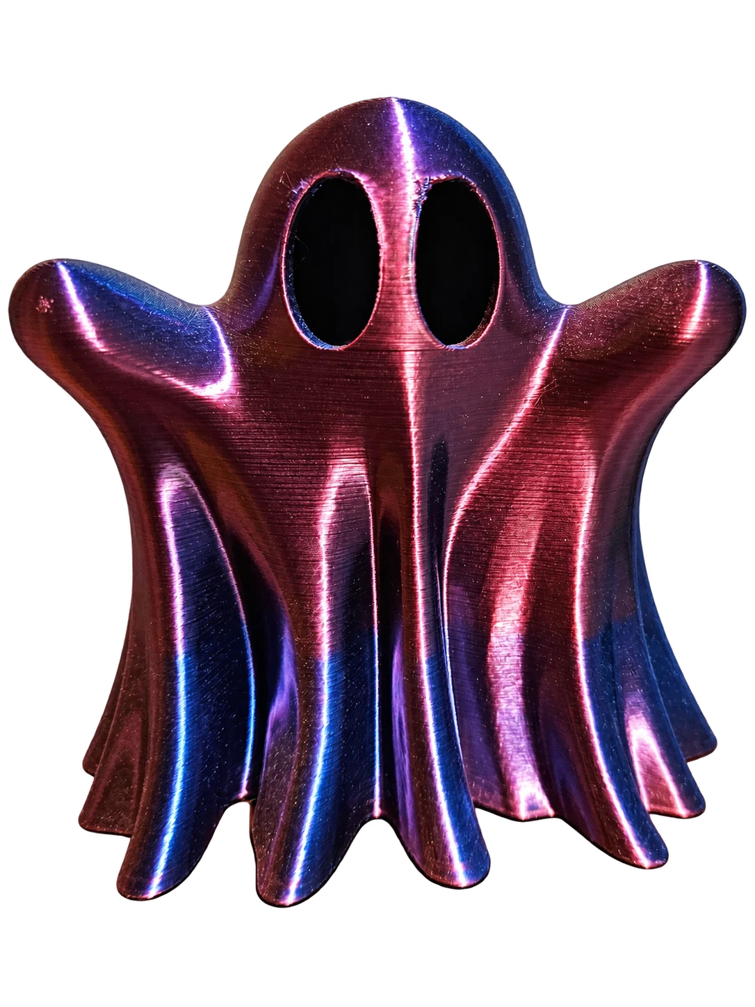 Owner’s OVV3D dual-color silk ghost print with raised arms and flowing pink-purple and blue folds