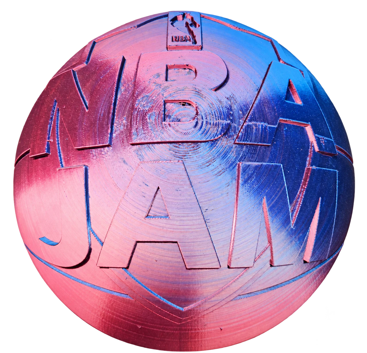 Custom full-size NBA Jam basketball display printed in pink-purple and blue OVV3D silk filament