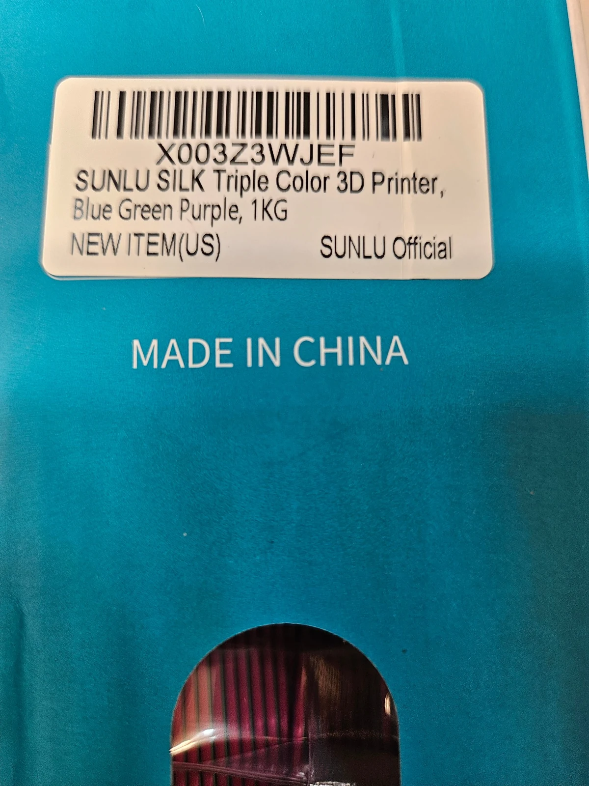 SUNLU box label identifying Blue Green Purple, 1 kg.